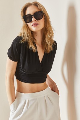 Siyah Drapeli Crop Bluz 3YXK2-47029-02 - 4