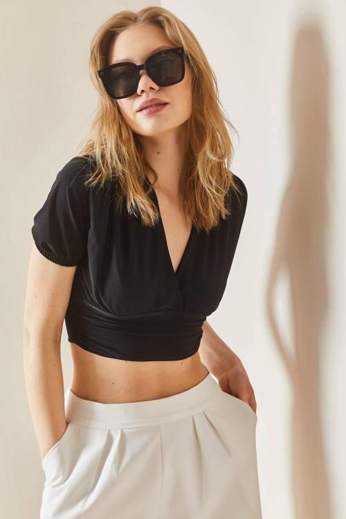 Siyah Drapeli Crop Bluz 3YXK2-47029-02 - 4
