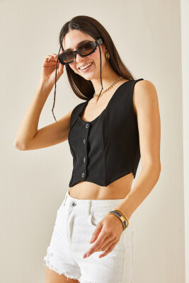 Siyah Düğmeli Blazer Crop Yelek 5YXK4-48427-02 - 4