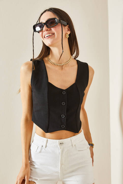 Siyah Düğmeli Blazer Crop Yelek 5YXK4-48427-02 - 5