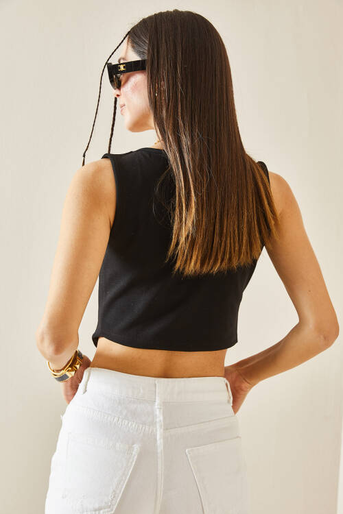 Siyah Düğmeli Blazer Crop Yelek 5YXK4-48427-02 - 6