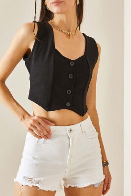 Siyah Düğmeli Blazer Crop Yelek 5YXK4-48427-02 - XHAN