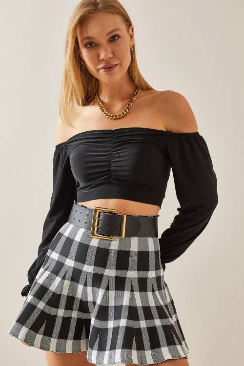 Siyah Düşük Omuz Büzgülü Crop Bluz 4KXK2-47782-02 - 3
