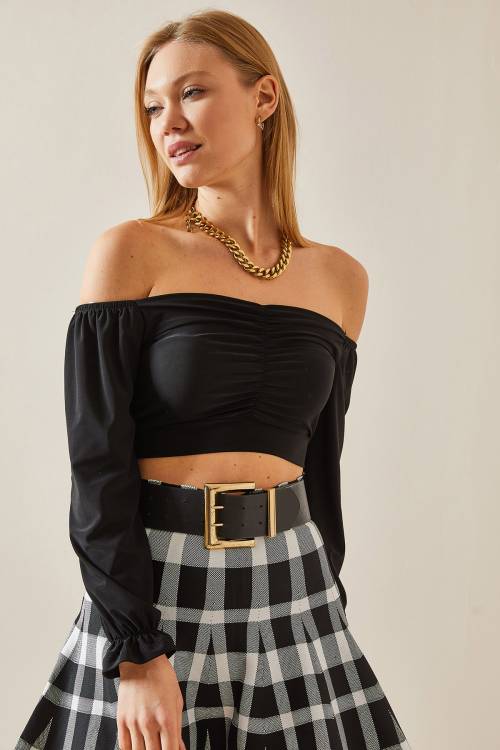 Siyah Düşük Omuz Büzgülü Crop Bluz 4KXK2-47782-02 - 4