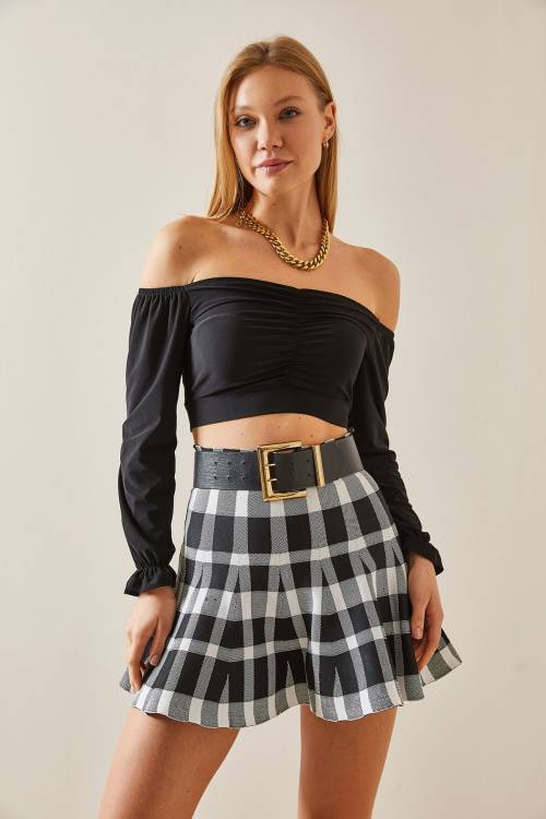 Siyah Düşük Omuz Büzgülü Crop Bluz 4KXK2-47782-02 - 5