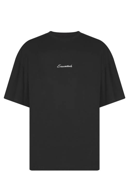 XHAN - Siyah Essentials Nakışlı Oversize T-Shirt 2YXE2-45972-02