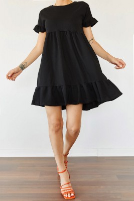 XHAN - Siyah Etek & Kol Ucu Fırfırlı Elbise 0YZK6-10288-02