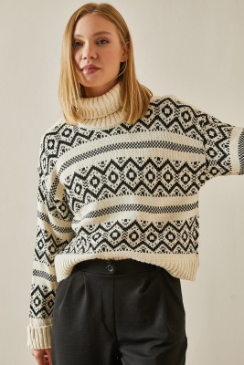 Siyah Etnik Desenli Boğazlı Crop Kazak 4KXK3-47590-02 - 5