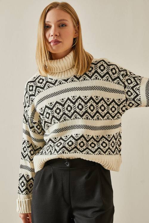 Siyah Etnik Desenli Boğazlı Crop Kazak 4KXK3-47590-02 - 5