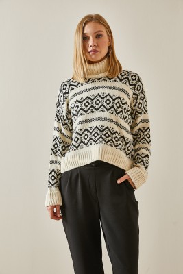 Siyah Etnik Desenli Boğazlı Crop Kazak 4KXK3-47590-02 - 6