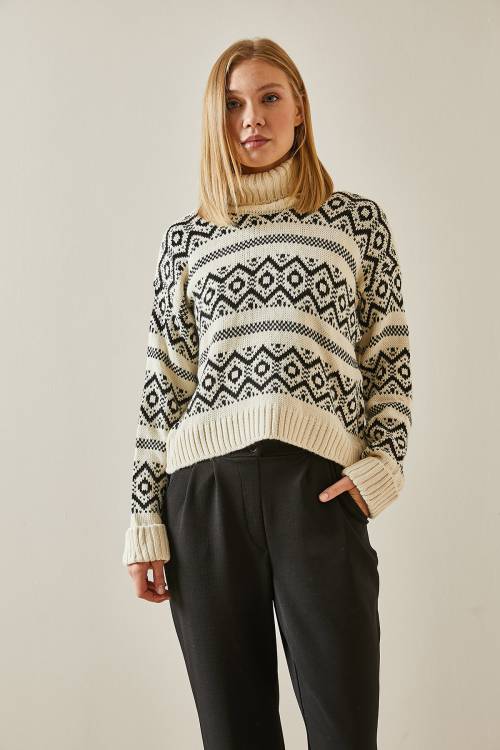 Siyah Etnik Desenli Boğazlı Crop Kazak 4KXK3-47590-02 - 6