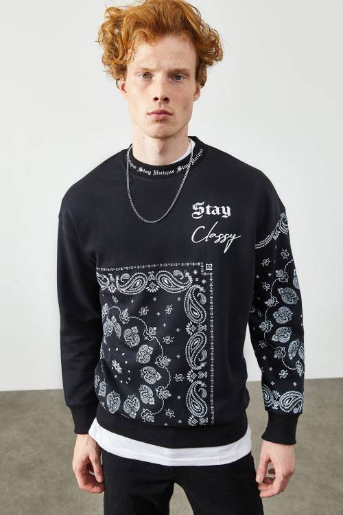 Siyah Etnik Desenli Sweatshirt 2KXE8-45350-02 - 1