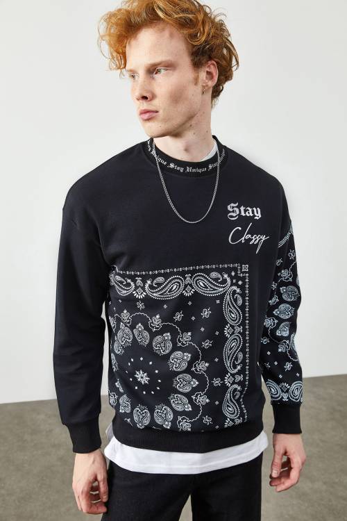 Siyah Etnik Desenli Sweatshirt 2KXE8-45350-02 - 2