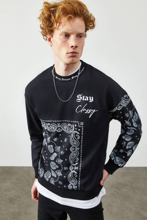 Siyah Etnik Desenli Sweatshirt 2KXE8-45350-02 - 4