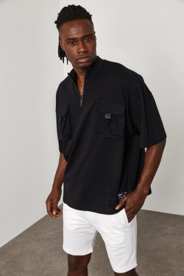 XHAN - Siyah Fermuar & Cep Detaylı Oversize T-Shirt 1YXE1-45085-02