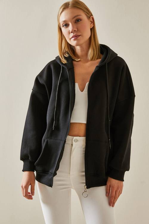 Siyah Fermuarlı Kapüşonlü Sweatshirt 4KXK8-47606-02 - 2