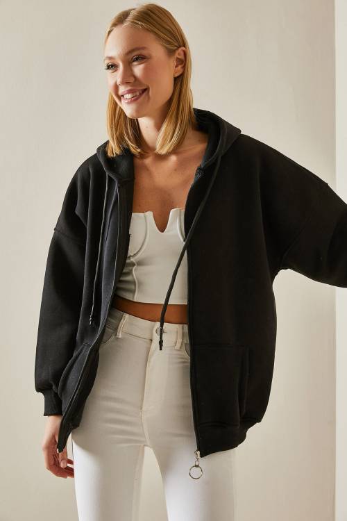 Siyah Fermuarlı Kapüşonlü Sweatshirt 4KXK8-47606-02 - 5