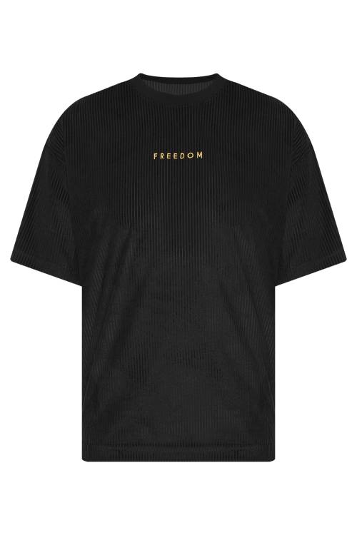 XHAN - Siyah Freedom Nakışlı Fitilli Oversize T-Shirt 2YXE2-45986-02