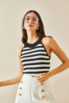 Siyah Halter Yaka Çizgili Triko Bluz 5YXK2-48374-02 - 6