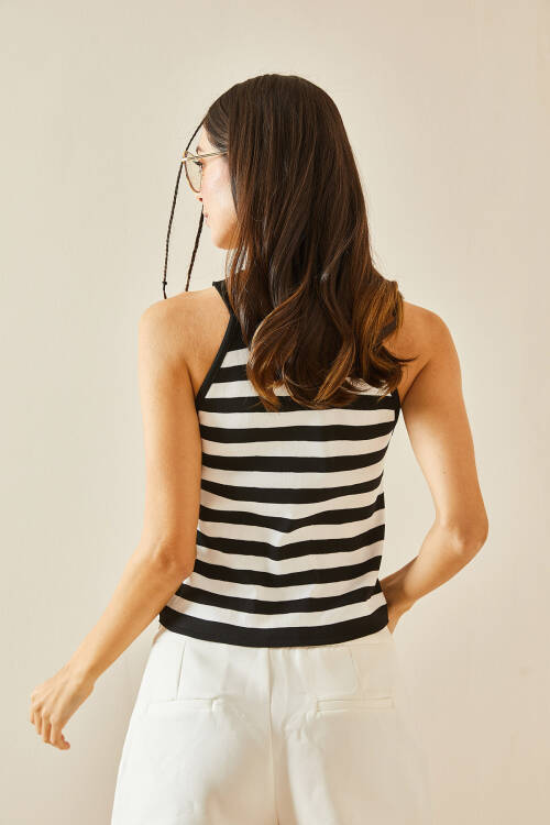 Siyah Halter Yaka Çizgili Triko Bluz 5YXK2-48374-02 - 7