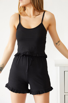 Siyah İp Askılı Fırfırlı Pijama Takımı 0YXK8-43755-02 