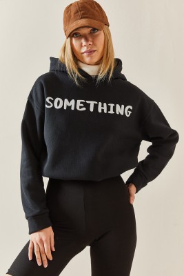 Siyah Kapüşonlü & Yazılı Crop Sweatshirt 4KXK8-47744-02 - 2