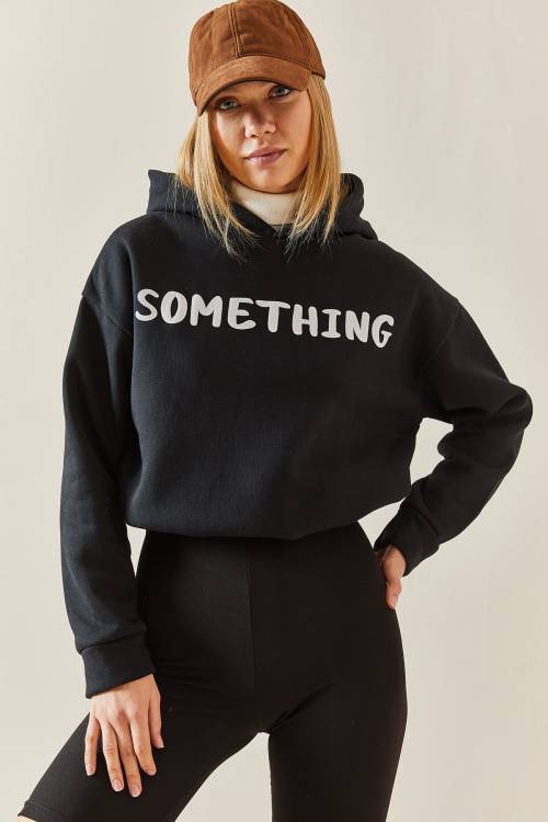 Siyah Kapüşonlü & Yazılı Crop Sweatshirt 4KXK8-47744-02 - 2