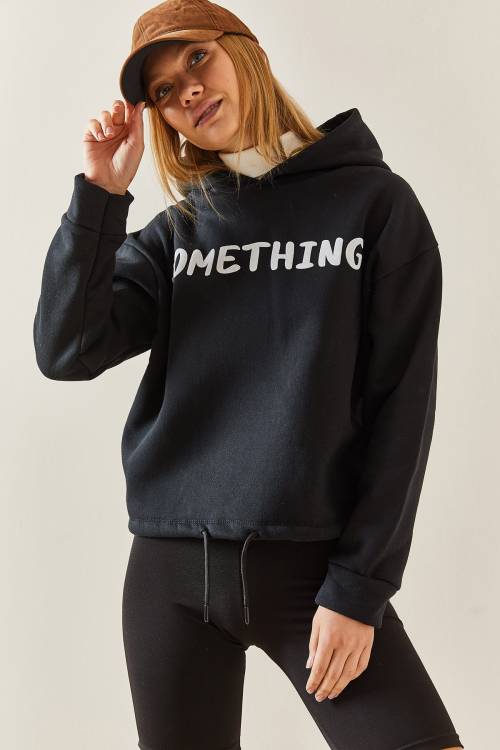 Siyah Kapüşonlü & Yazılı Crop Sweatshirt 4KXK8-47744-02 - 3