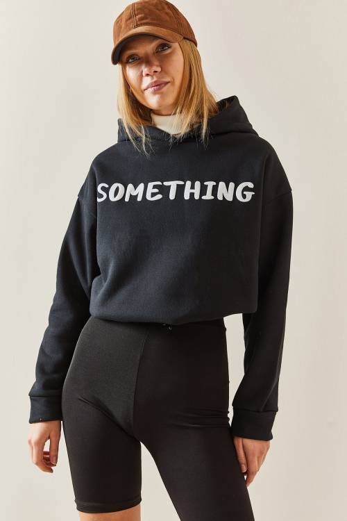 Siyah Kapüşonlü & Yazılı Crop Sweatshirt 4KXK8-47744-02 - 4