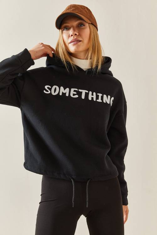 Siyah Kapüşonlü & Yazılı Crop Sweatshirt 4KXK8-47744-02 - 5