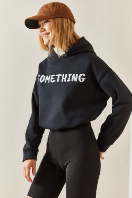 Siyah Kapüşonlü & Yazılı Crop Sweatshirt 4KXK8-47744-02 - 6