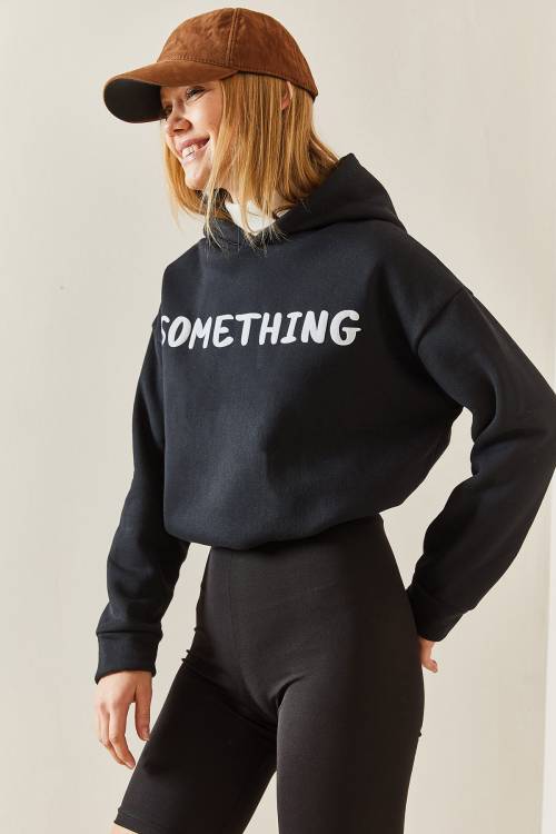 Siyah Kapüşonlü & Yazılı Crop Sweatshirt 4KXK8-47744-02 - 6