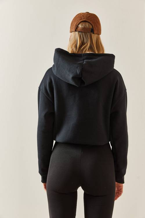 Siyah Kapüşonlü & Yazılı Crop Sweatshirt 4KXK8-47744-02 - 8
