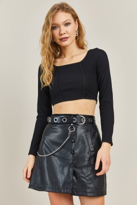 Siyah Kare Yaka Crop Bluz 3KXK2-46665-02 - 1