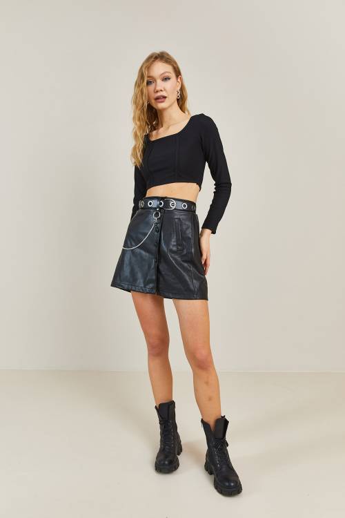 Siyah Kare Yaka Crop Bluz 3KXK2-46665-02 - 2