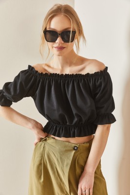 Siyah Kayık Yaka Büzgülü Crop Bluz 3YXK2-47030-02 - 3