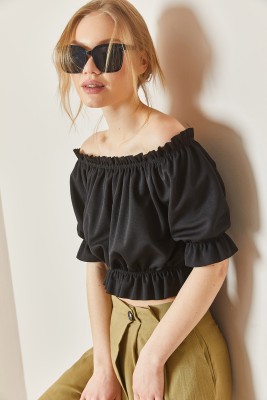 Siyah Kayık Yaka Büzgülü Crop Bluz 3YXK2-47030-02 - 4