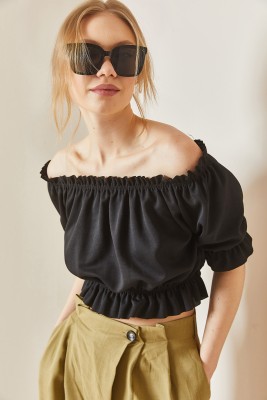 Siyah Kayık Yaka Büzgülü Crop Bluz 3YXK2-47030-02 - 5