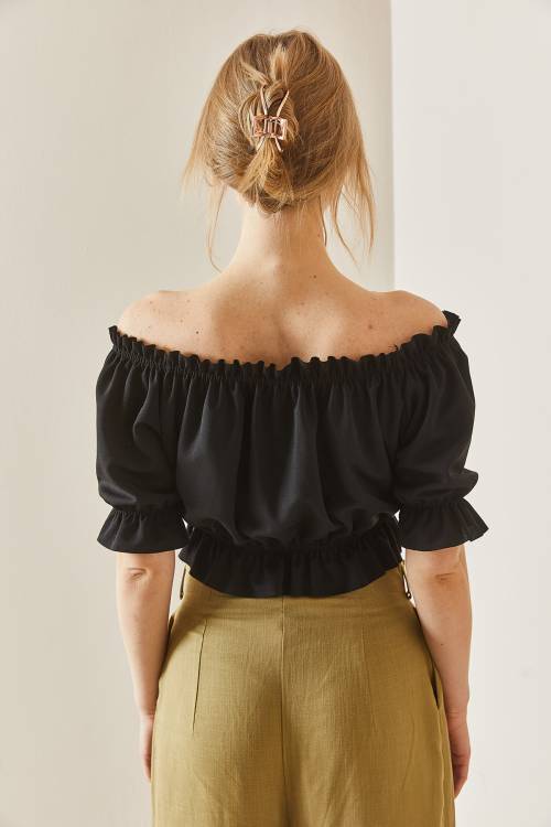 Siyah Kayık Yaka Büzgülü Crop Bluz 3YXK2-47030-02 - 6