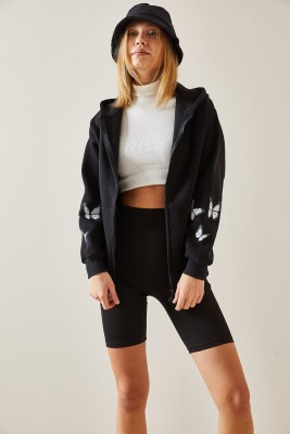 Siyah Kelebek Baskılı Kapüşonlü Sweatshirt 4KXK8-47642-02 - 3
