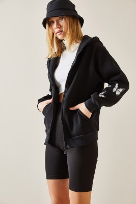 Siyah Kelebek Baskılı Kapüşonlü Sweatshirt 4KXK8-47642-02 - 4