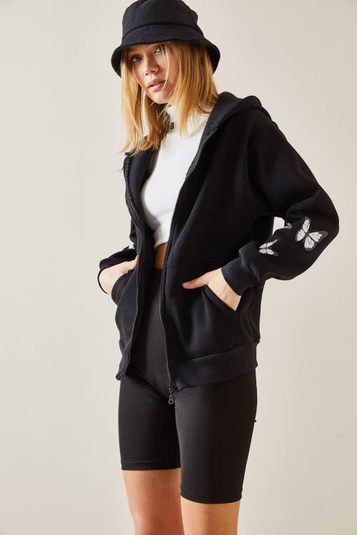 Siyah Kelebek Baskılı Kapüşonlü Sweatshirt 4KXK8-47642-02 - 4