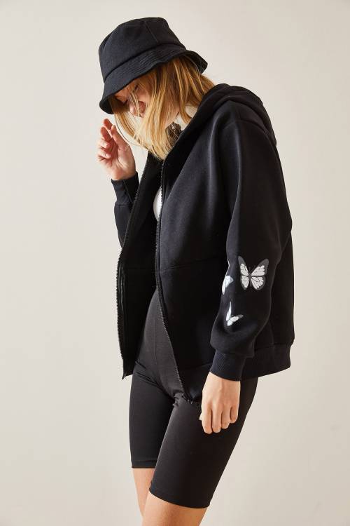 Siyah Kelebek Baskılı Kapüşonlü Sweatshirt 4KXK8-47642-02 - 5