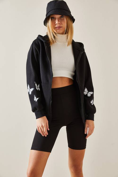 Siyah Kelebek Baskılı Kapüşonlü Sweatshirt 4KXK8-47642-02 - 6