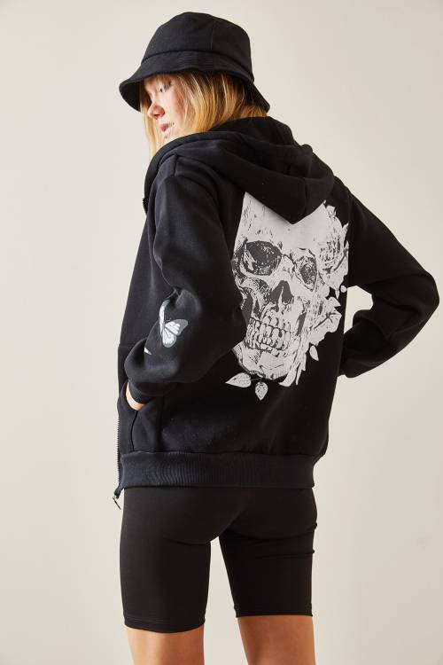 Siyah Kelebek Baskılı Kapüşonlü Sweatshirt 4KXK8-47642-02 - 7