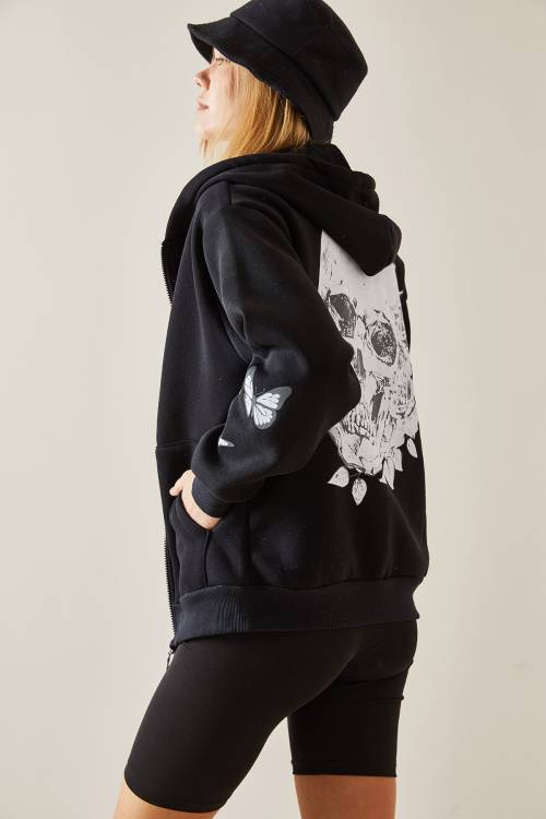 Siyah Kelebek Baskılı Kapüşonlü Sweatshirt 4KXK8-47642-02 - 8