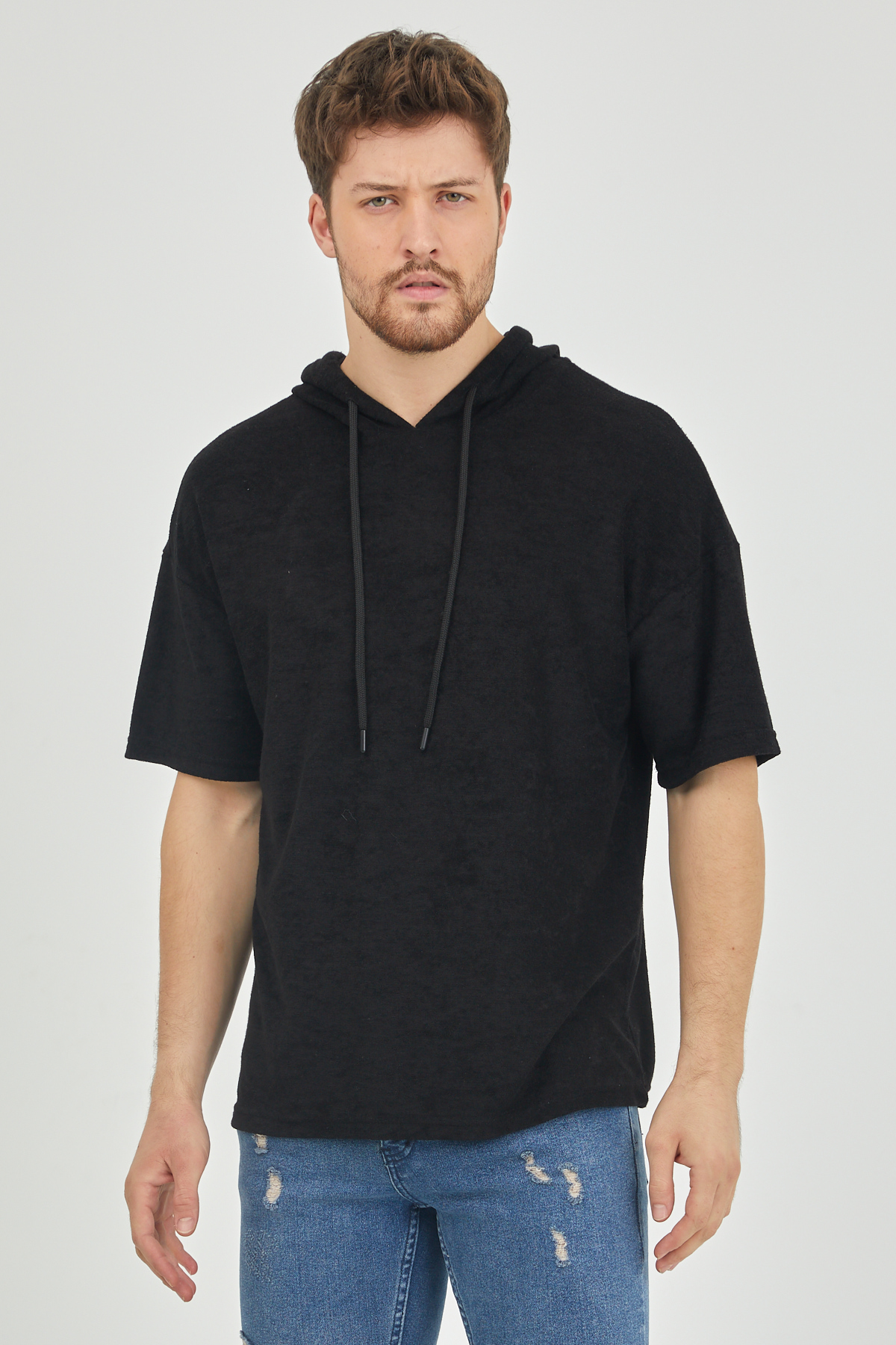 Siyah Kısa Kol Baharlık Kapüşonlu Sweatshirt 1KXE8-44653-02 
