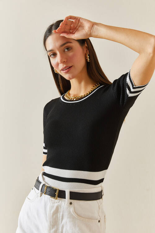 Siyah Kısa Kollu Triko Bluz 5YXK2-48343-02 - 6