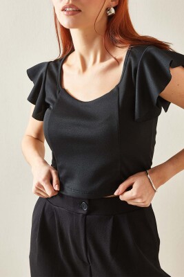 Siyah Kolları Volanlı Crop Bluz 5YXK2-48200-02 - XHAN