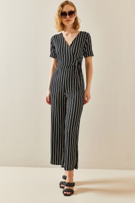 Siyah Kruvaze Yaka Çizgili Tulum 3YXK6-47315-02 - 2